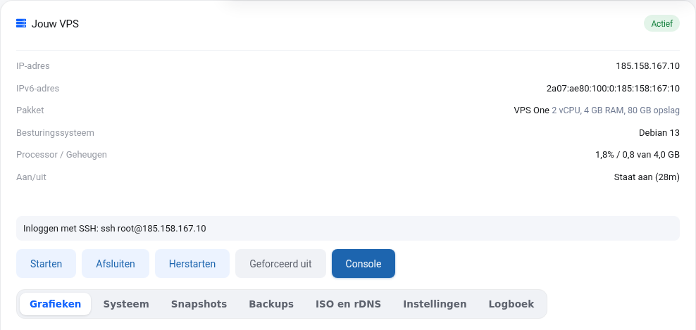 VPS-i aken IP-aadresside, paketi, nuppude ja vahekaartidega
